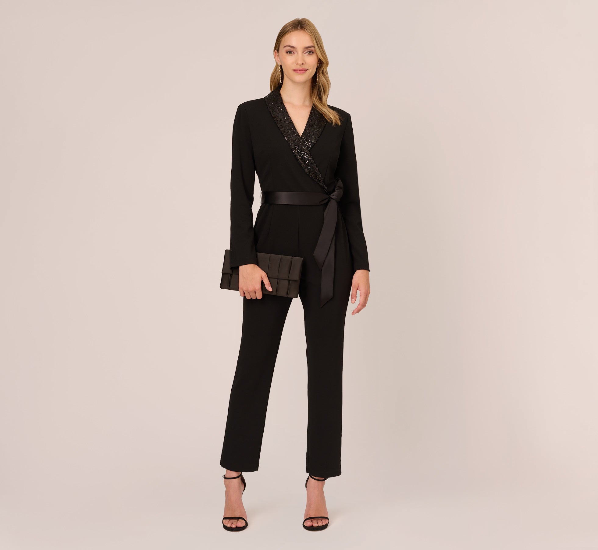 Hand-Sequined Crepe Tuxedo Jumpsuit In Black | Adrianna Papell