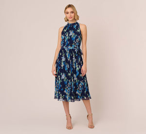 Floral Pleated Chiffon Dress With Mock Neckline In Navy Multi
