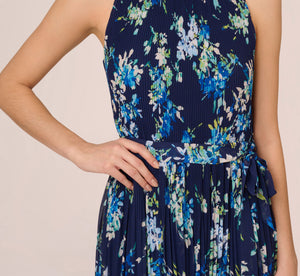 Floral Pleated Chiffon Dress With Mock Neckline In Navy Multi