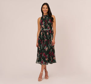 Floral Pleated Chiffon Dress With Mock Neckline In Hunter Multi