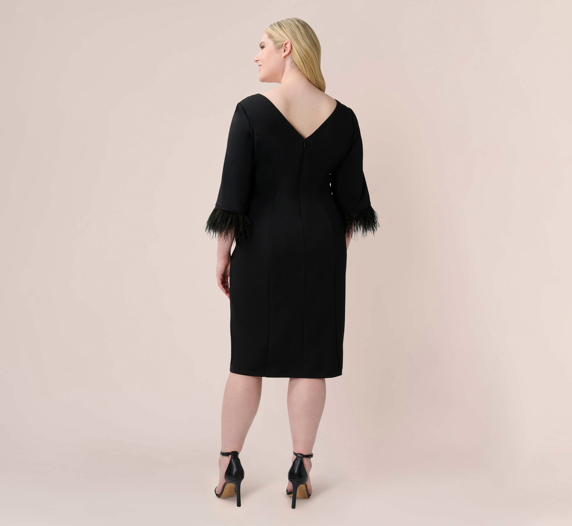 Plus Size Crepe Sheath Dress With V-Back And Feather-Trim Sleeves In Black, Black / Plus Size / 30