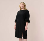 Plus Size Crepe Sheath Dress With V-Back And Feather-Trim Sleeves In Black 2