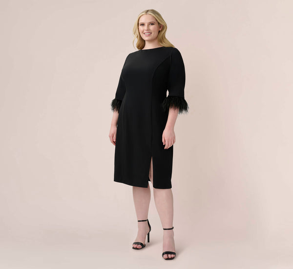plus size little black dress with sleeves Crepe Sheath V-Back And Feather-Trim In Black, / Plus Size / 30 OVERRIDE womens fashion Black One Shoulder Maxi Adult Vintage Cat Dress (Size):L