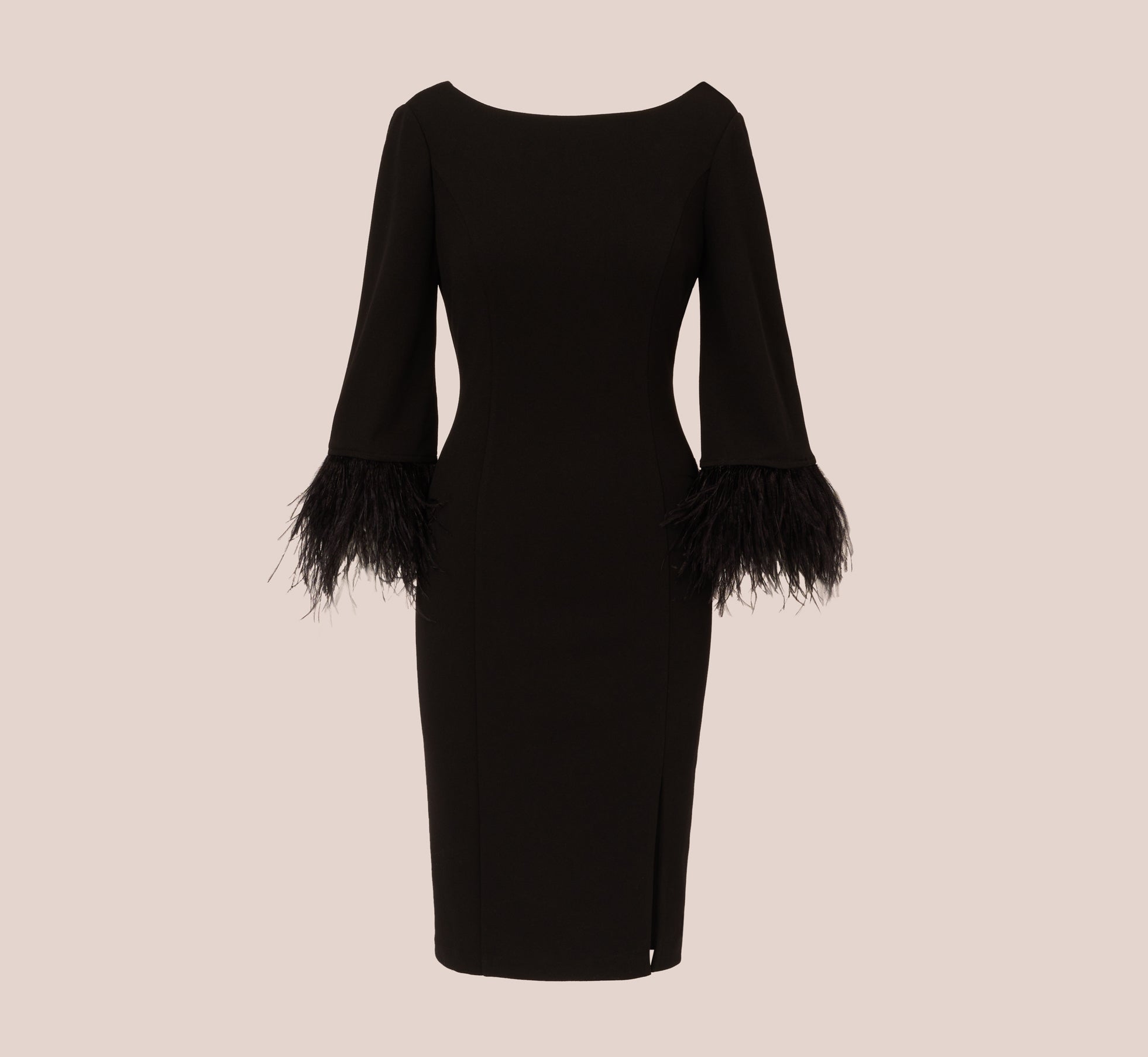 Black Crepe Sheath Dress With V-Back And Feather-Trim Sleeves - Adrianna Papell Black Crepe Sheath Dress With V-Back And Feather-Trim Sleeves - Adrianna Papell