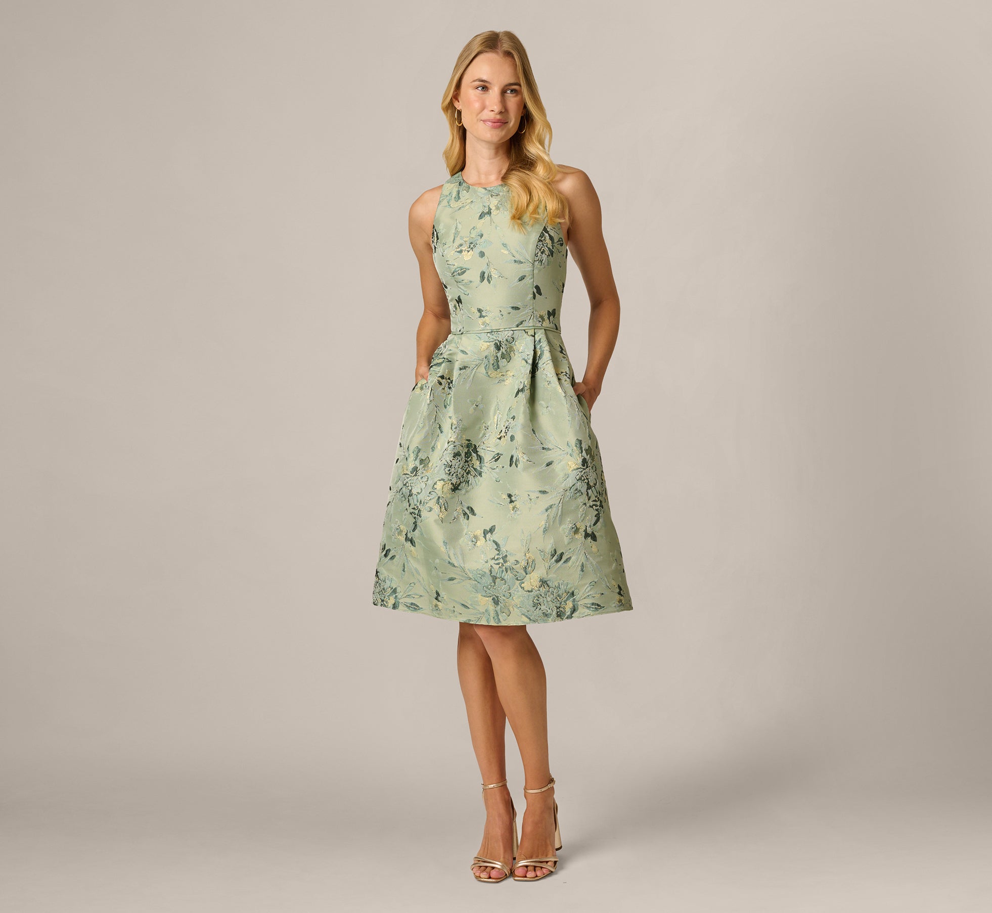 Metallic Floral Jacquard Midi-Length Fit-And-Flare Dress In Sage Multi 1