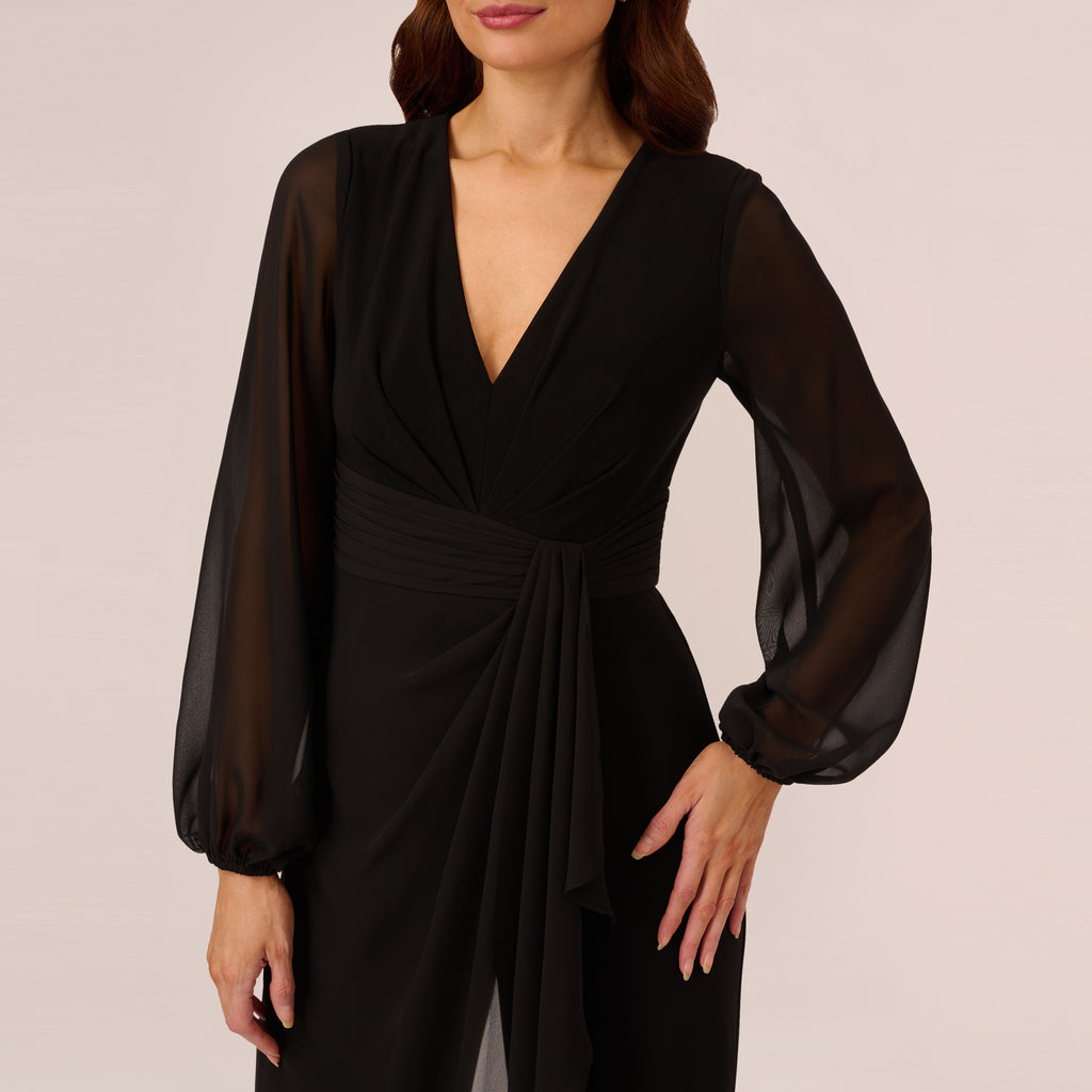 Long Sleeve Jersey Jumpsuit With Chiffon Details In Black Adrianna Papell