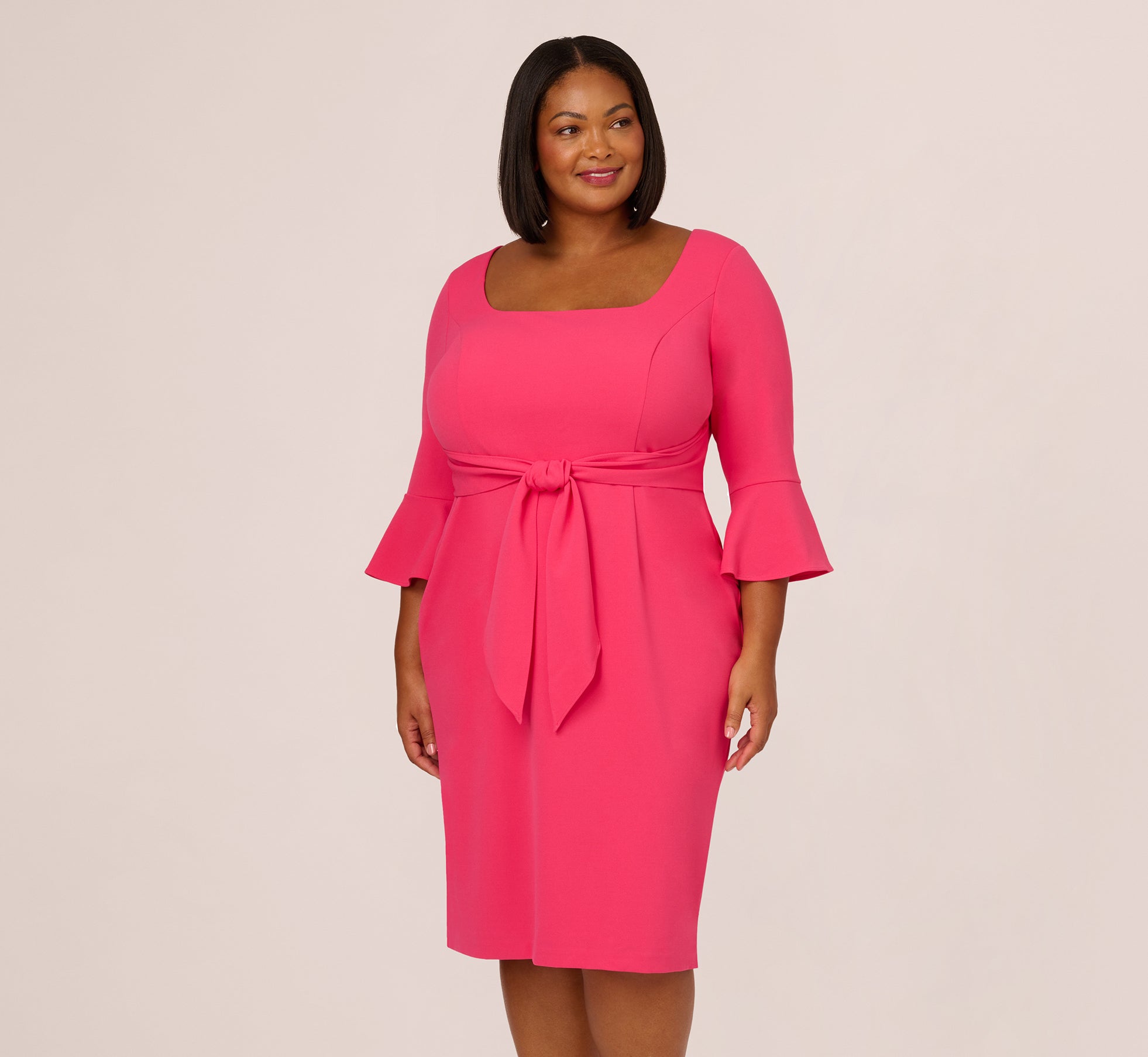 Plus Size Stretch Knit Crepe Tie-Front Midi-Length Sheath Dress In Cam