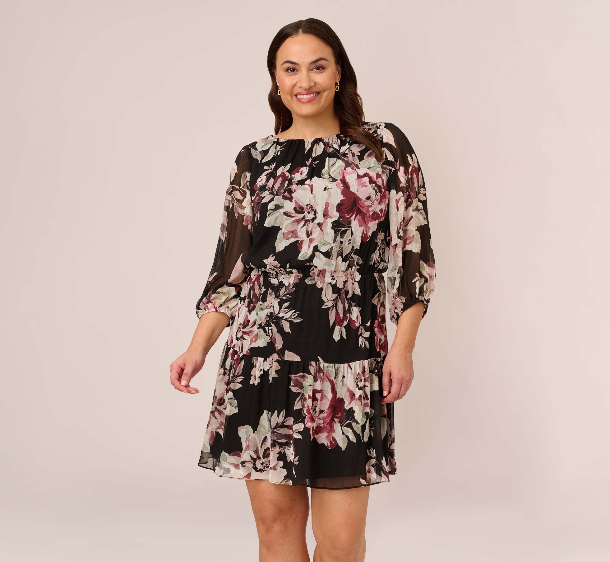 Black Plus Size Floral Chiffon Dress With Three Quarter Length Sleeves - Adrianna Papell Black Plus Size Floral Chiffon Dress With Three Quarter Length Sleeves - Adrianna Papell