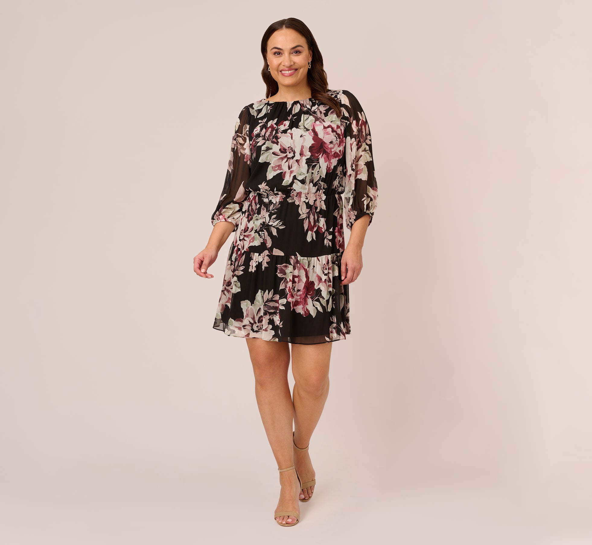 Plus Size Floral Chiffon Dress With Three Quarter Length Sleeves In Black Multi Black Multi / Plus Size / 30
