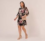 Plus Size Floral Chiffon Dress With Three Quarter Length Sleeves In Black Multi 1