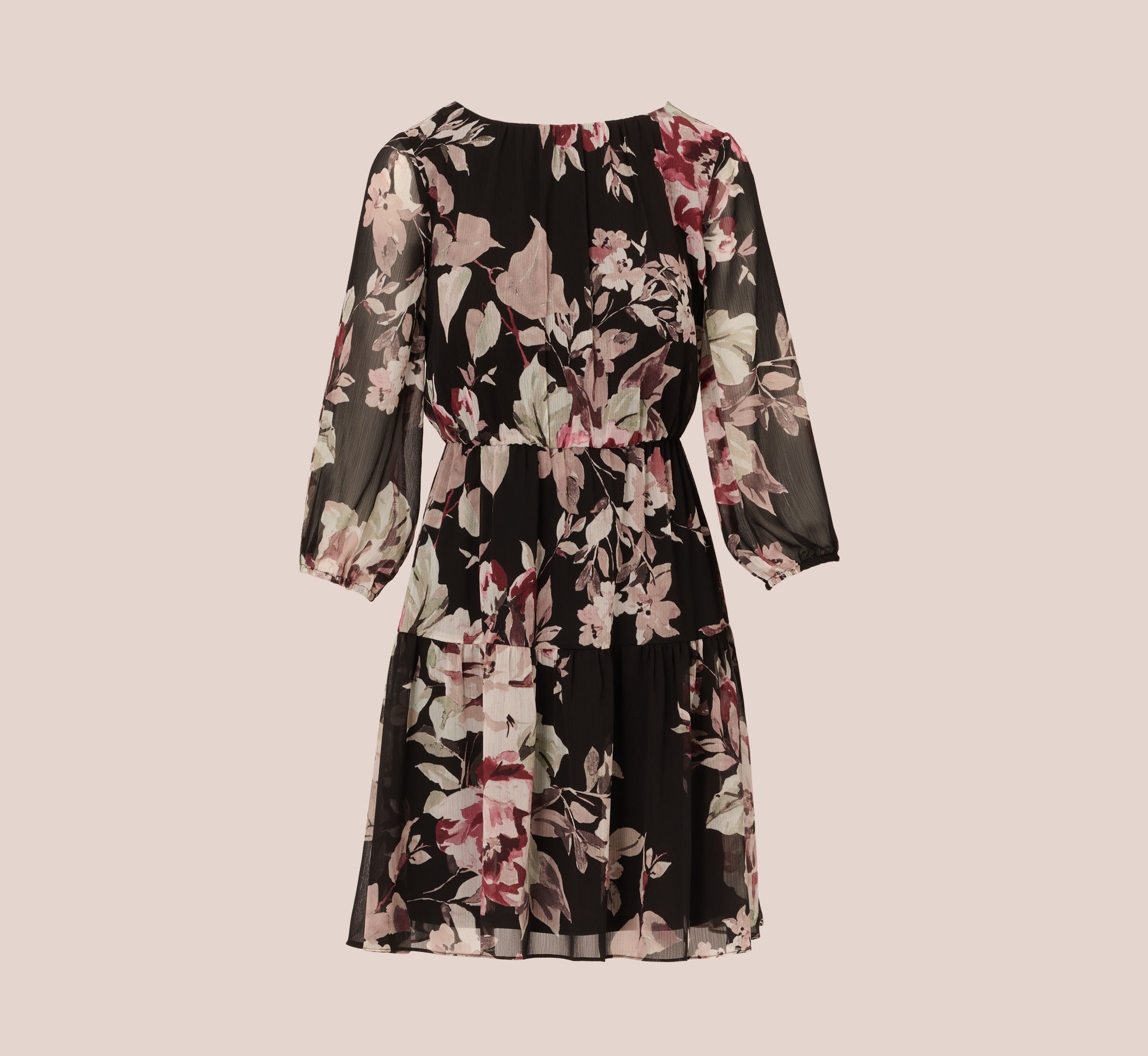 Floral Chiffon Dress With Three Quarter Length Sleeves In Black