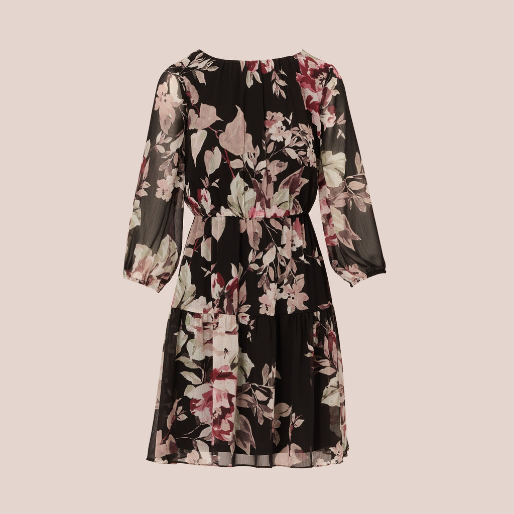 Floral Chiffon Dress With Three Quarter Length Sleeves In Black Multi
