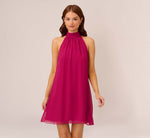Sleeveless Pleated Chiffon Shift Dress With Mock Neckline In Magenta 2