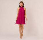 Sleeveless Pleated Chiffon Shift Dress With Mock Neckline In Magenta 7