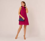 Sleeveless Pleated Chiffon Shift Dress With Mock Neckline In Magenta 1
