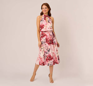Floral Chiffon Midi Dress With Cutout Halter Neckline In Pink Multi