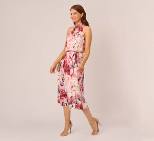 Floral Chiffon Midi Dress With Cutout Halter Neckline In Pink Multi