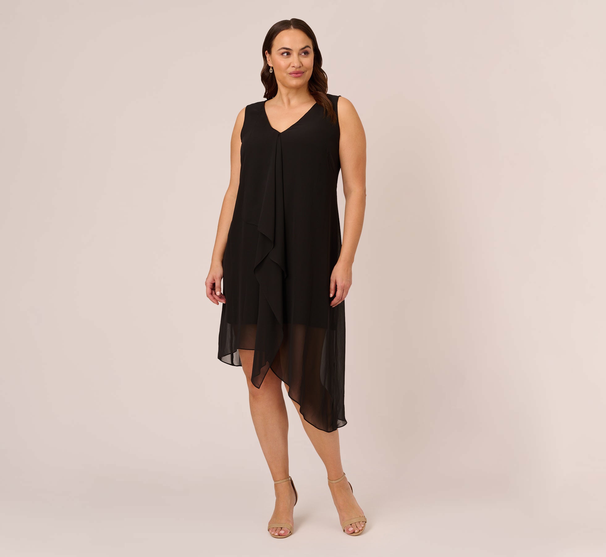 Plus Size Sleeveless Chiffon Dress With Cascading Details In Black - Adrianna Papell Plus Size Sleeveless Chiffon Dress With Cascading Details In Black - Adrianna Papell