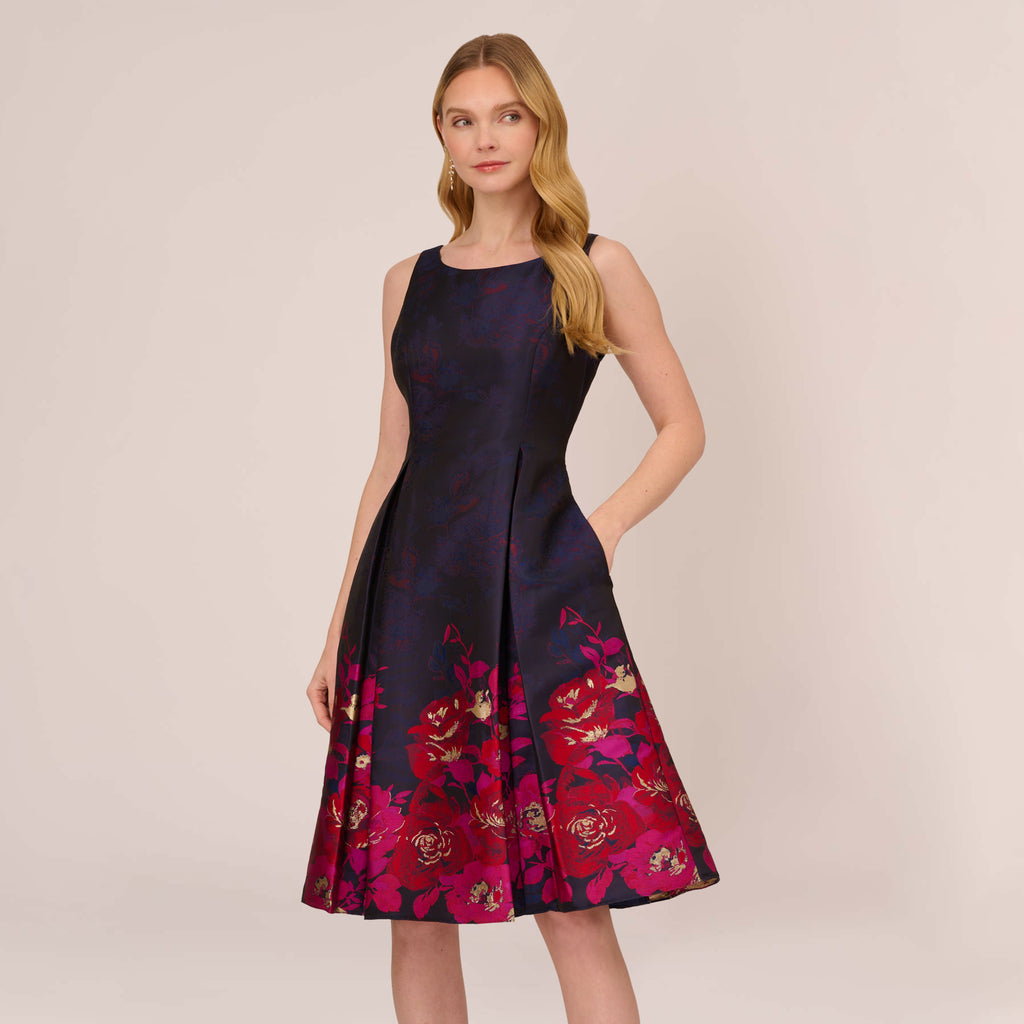 Jacquard Midi Dress With Metallic Floral Trim In Navy Pink Multi ...