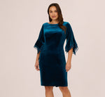 Plus Size Velvet Sheath Dress With Tiered Three Quarter Sleeves In Dark Teal 2