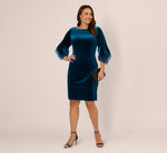 Plus Size Velvet Sheath Dress With Tiered Three Quarter Sleeves In Dark Teal 1
