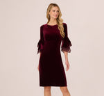 Velvet Sheath Dress With Tiered Three Quarter Sleeves In Bordeaux 2