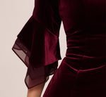 Velvet Sheath Dress With Tiered Three Quarter Sleeves In Bordeaux 4