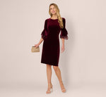 Velvet Sheath Dress With Tiered Three Quarter Sleeves In Bordeaux 1