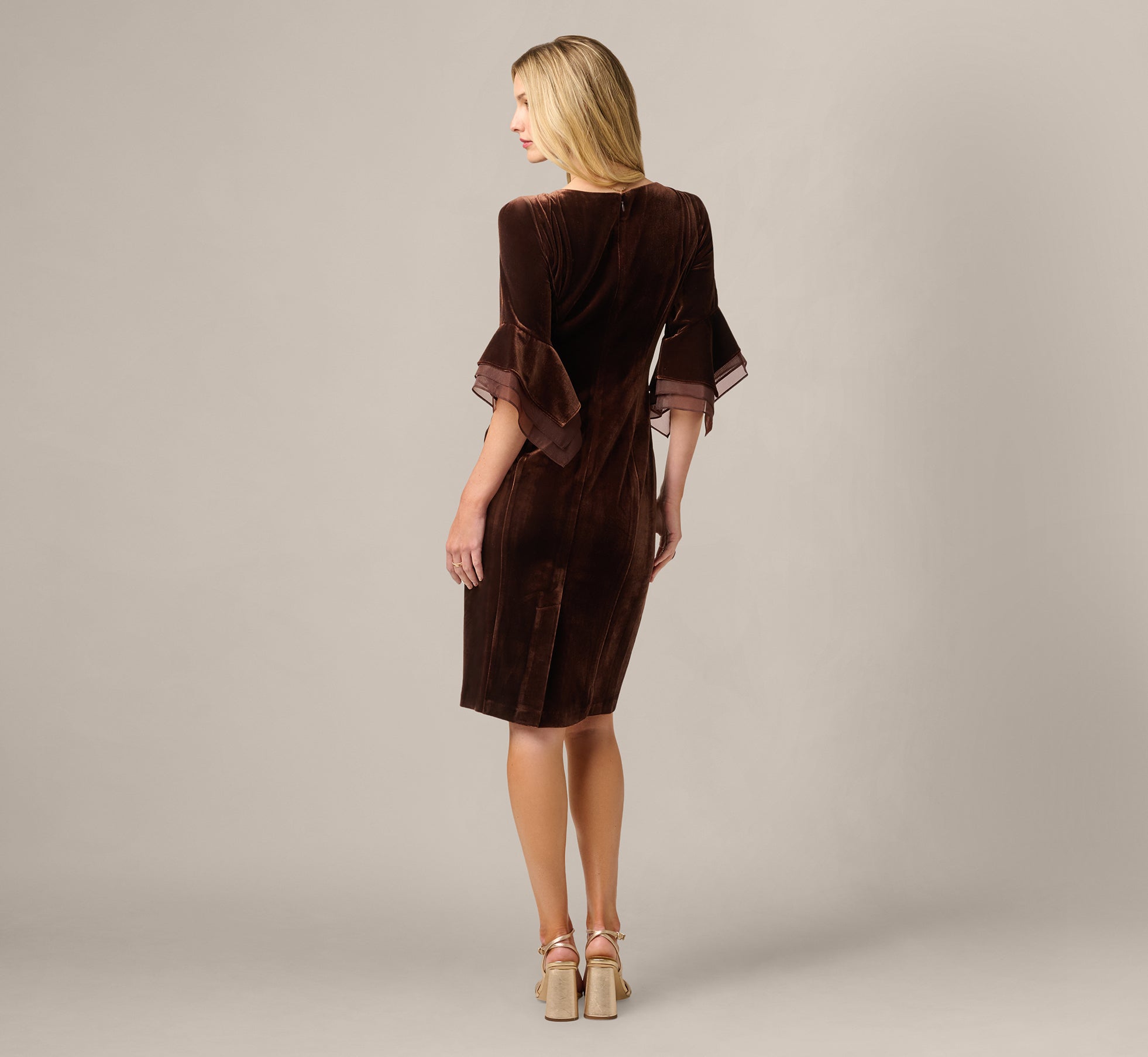 Brown Petite Velvet Sheath Dress With Tiered Three Quarter Sleeves