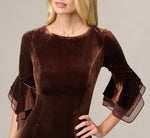 Petite Velvet Sheath Dress With Tiered Three Quarter Sleeves In Dark Brown 3