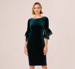 Velvet Sheath Dress With Tiered Three Quarter Sleeves In Hunter 2