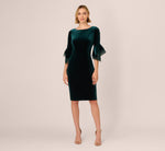Velvet Sheath Dress With Tiered Three Quarter Sleeves In Hunter 7