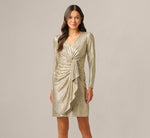Petite Foil Knit Faux Wrap Dress With Long Sleeves In Light Gold 2