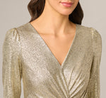Petite Foil Knit Faux Wrap Dress With Long Sleeves In Light Gold 3