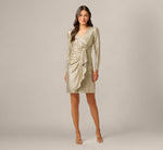 Petite Foil Knit Faux Wrap Dress With Long Sleeves In Light Gold 6