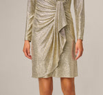 Petite Foil Knit Faux Wrap Dress With Long Sleeves In Light Gold 4