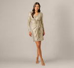 Petite Foil Knit Faux Wrap Dress With Long Sleeves In Light Gold 1