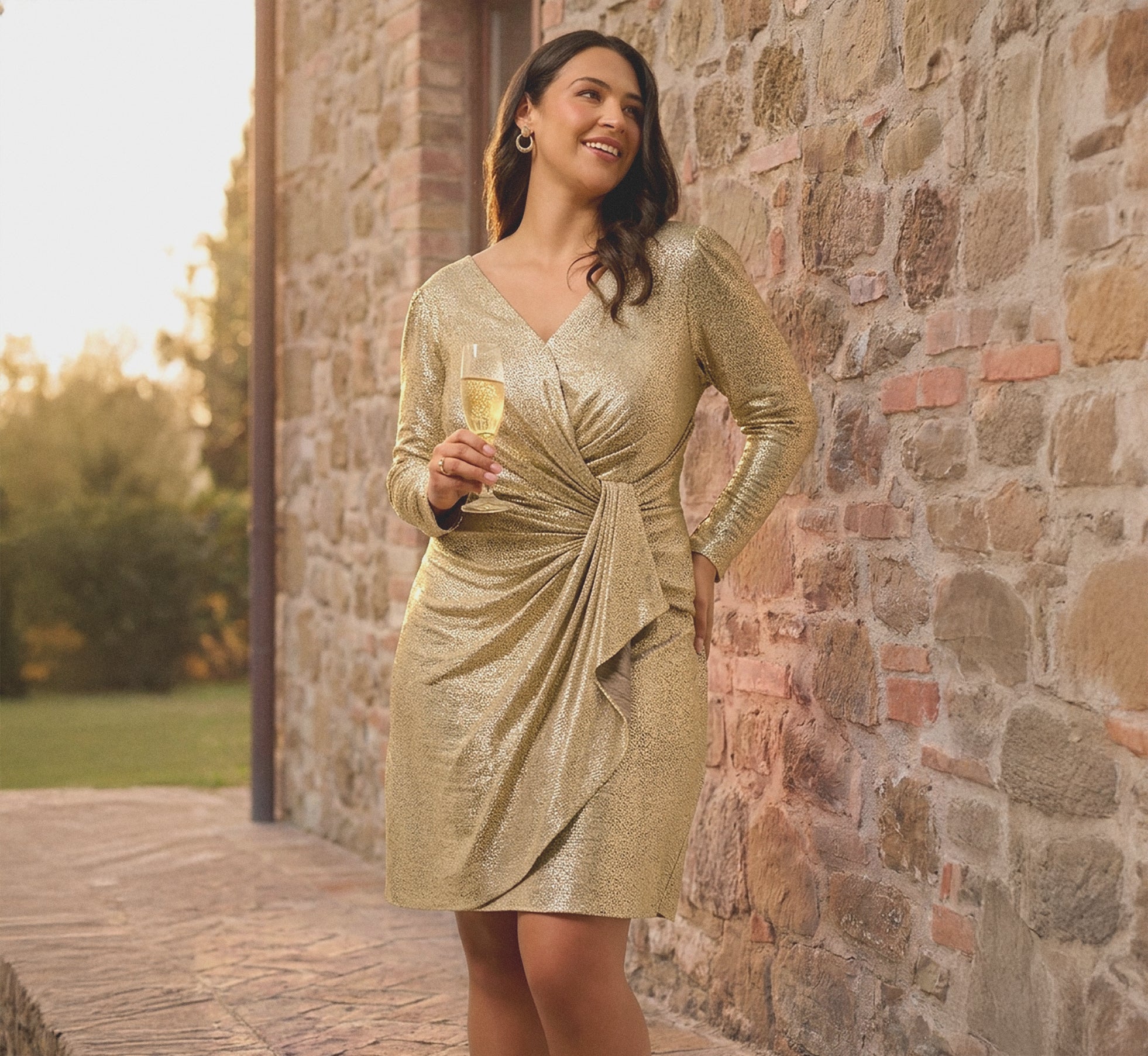Plus Size Foil Knit Faux Wrap Dress With Long Sleeves In Light Gold 1