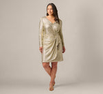 Plus Size Foil Knit Faux Wrap Dress With Long Sleeves In Light Gold 2