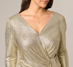 Plus Size Foil Knit Faux Wrap Dress With Long Sleeves In Light Gold 3