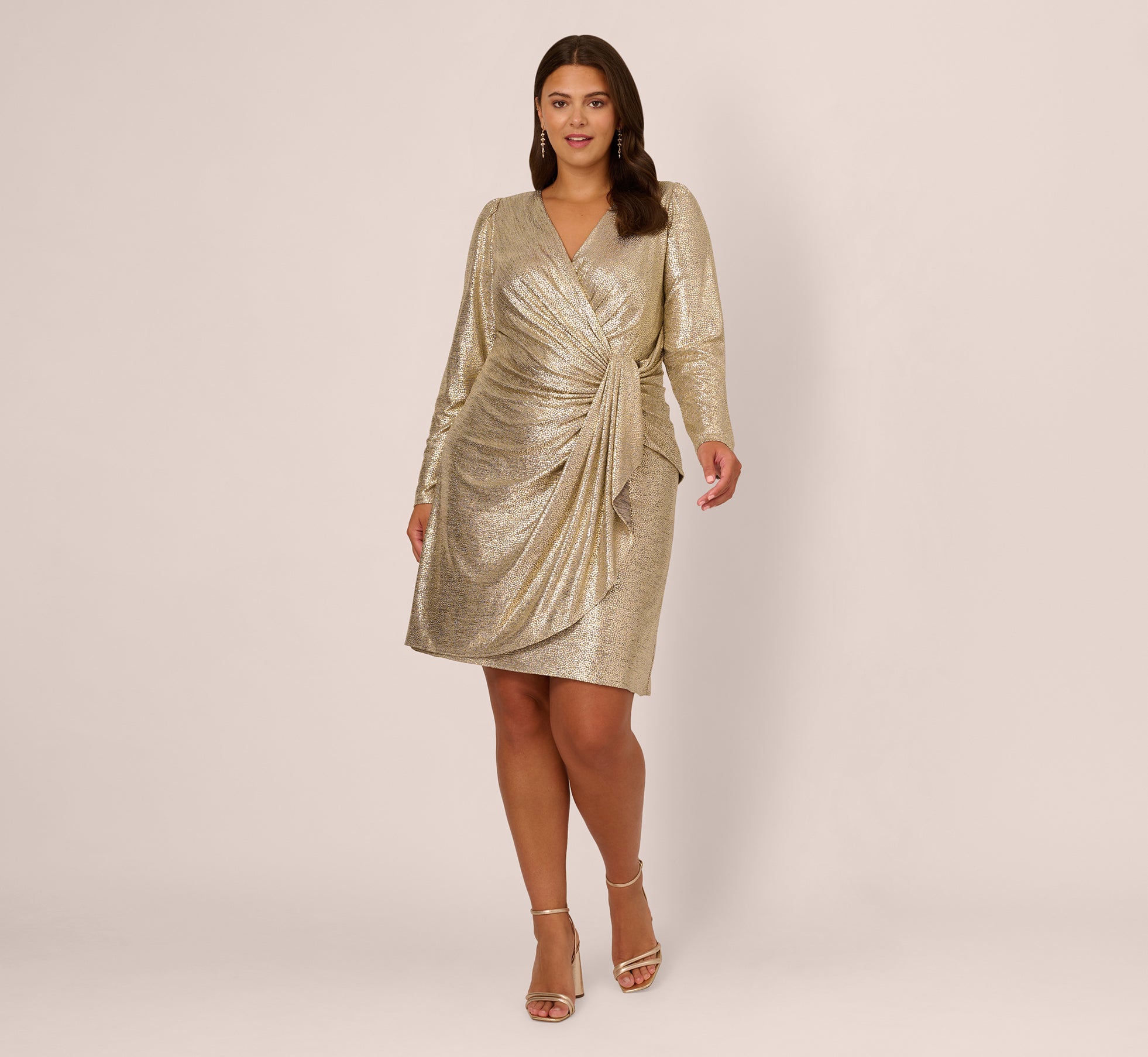 Gold Plus Size Foil Knit Faux Wrap Dress With Long Sleeves