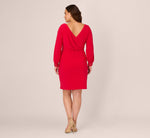 Plus Size Long Sleeve Draped Jersey Dress With Beaded Cuffs In Hot Ruby 6