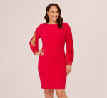 Plus Size Long Sleeve Draped Jersey Dress With Beaded Cuffs In Hot Ruby 3
