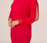 Plus Size Long Sleeve Draped Jersey Dress With Beaded Cuffs In Hot Ruby 5