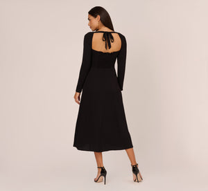 Long Sleeve Midi Dress With Tie-Back In Black