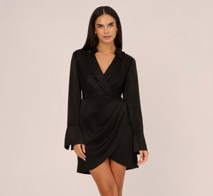 Satin Faux Wrap Dress With Long Sleeves In Black