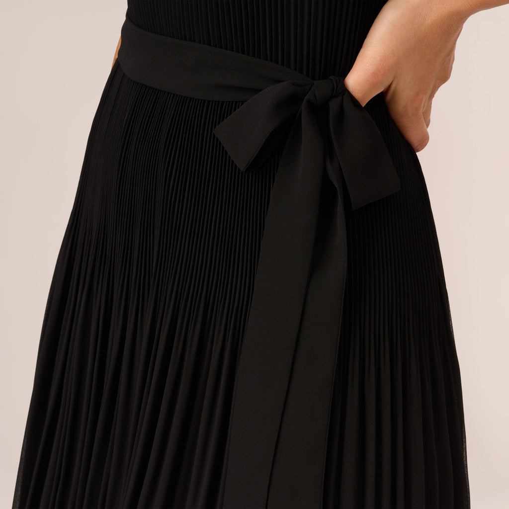 Pleated Sleeveless Chiffon Dress With Tie Waist In Black