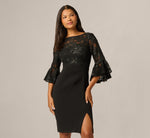 Sequin Floral Lace Dress With Sheer Bell Sleeves In Black 2