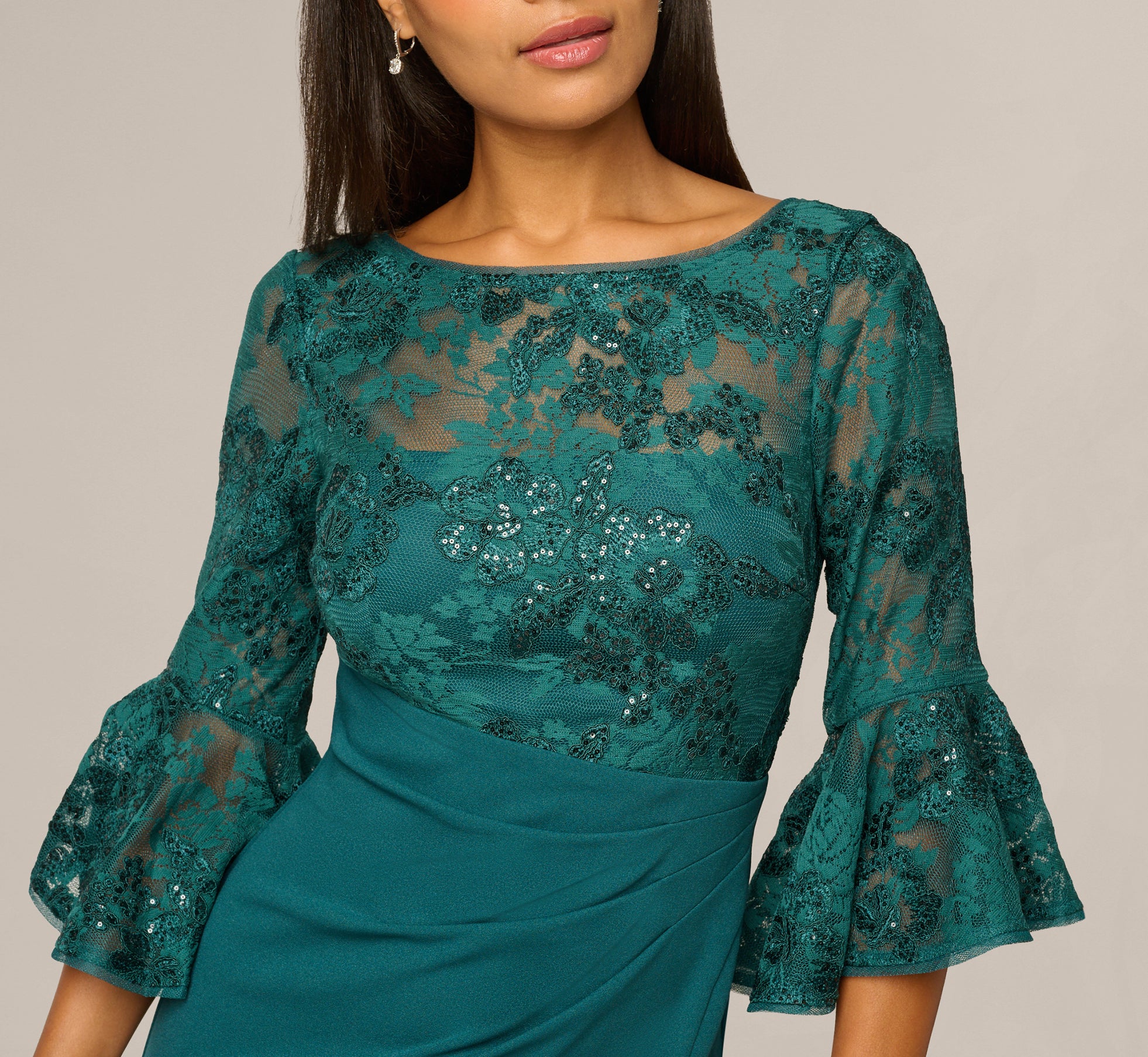 adrianna papell green lace dress Dark Sequin Floral With Sheer Bell Sleeves sneaker length sleeve Plus Size Christmas Tree Color:Patched Paisley Blue