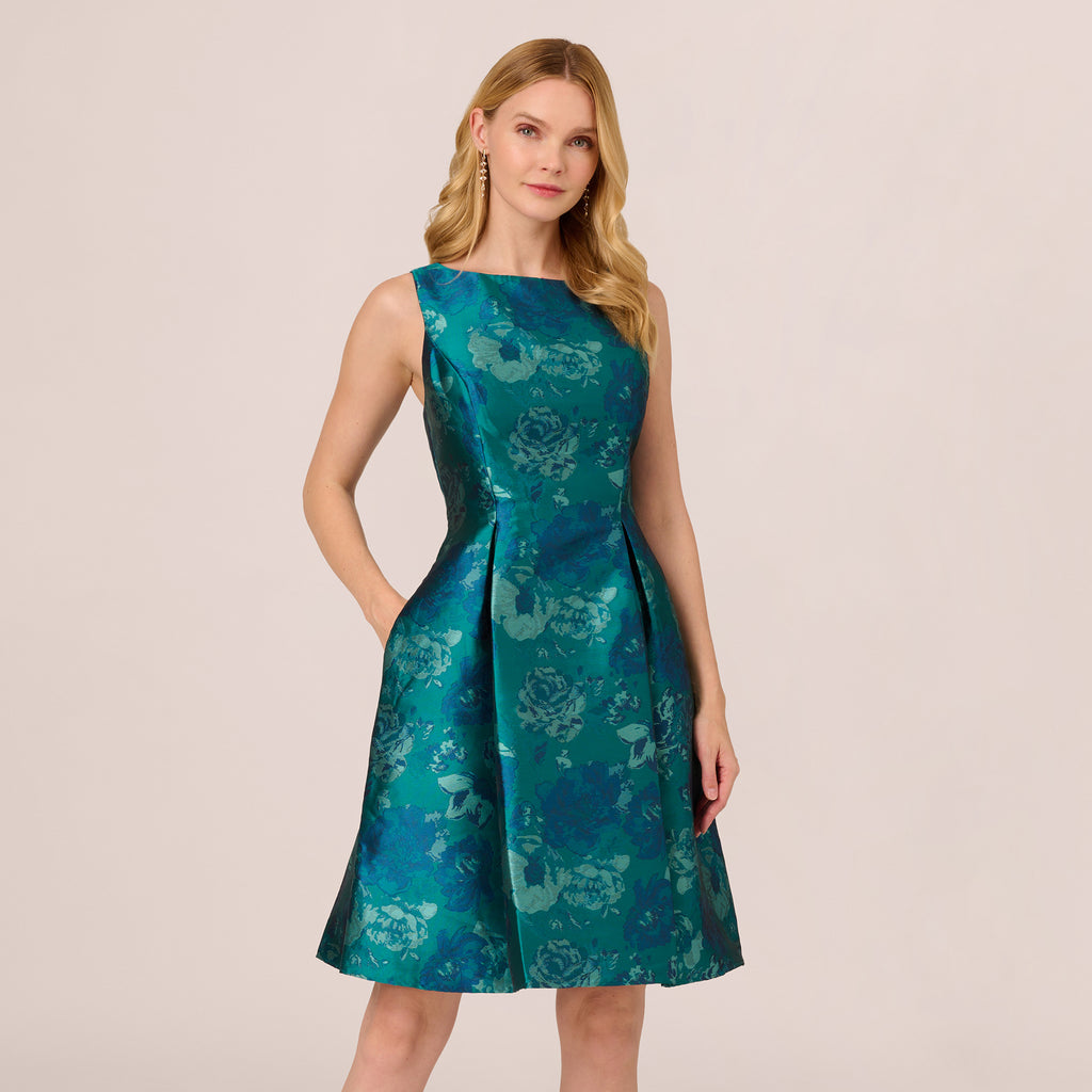 Floral Jacquard Sleeveless Midi Dress With Cutout Back In Teal Multi ...